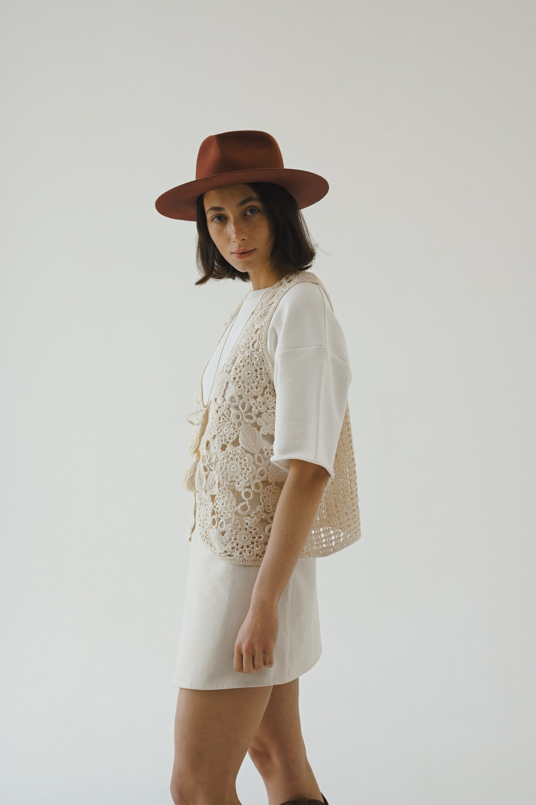 Handknit Cotton Lacy Slipover Vest: Tassel Tie Sleeveless Top