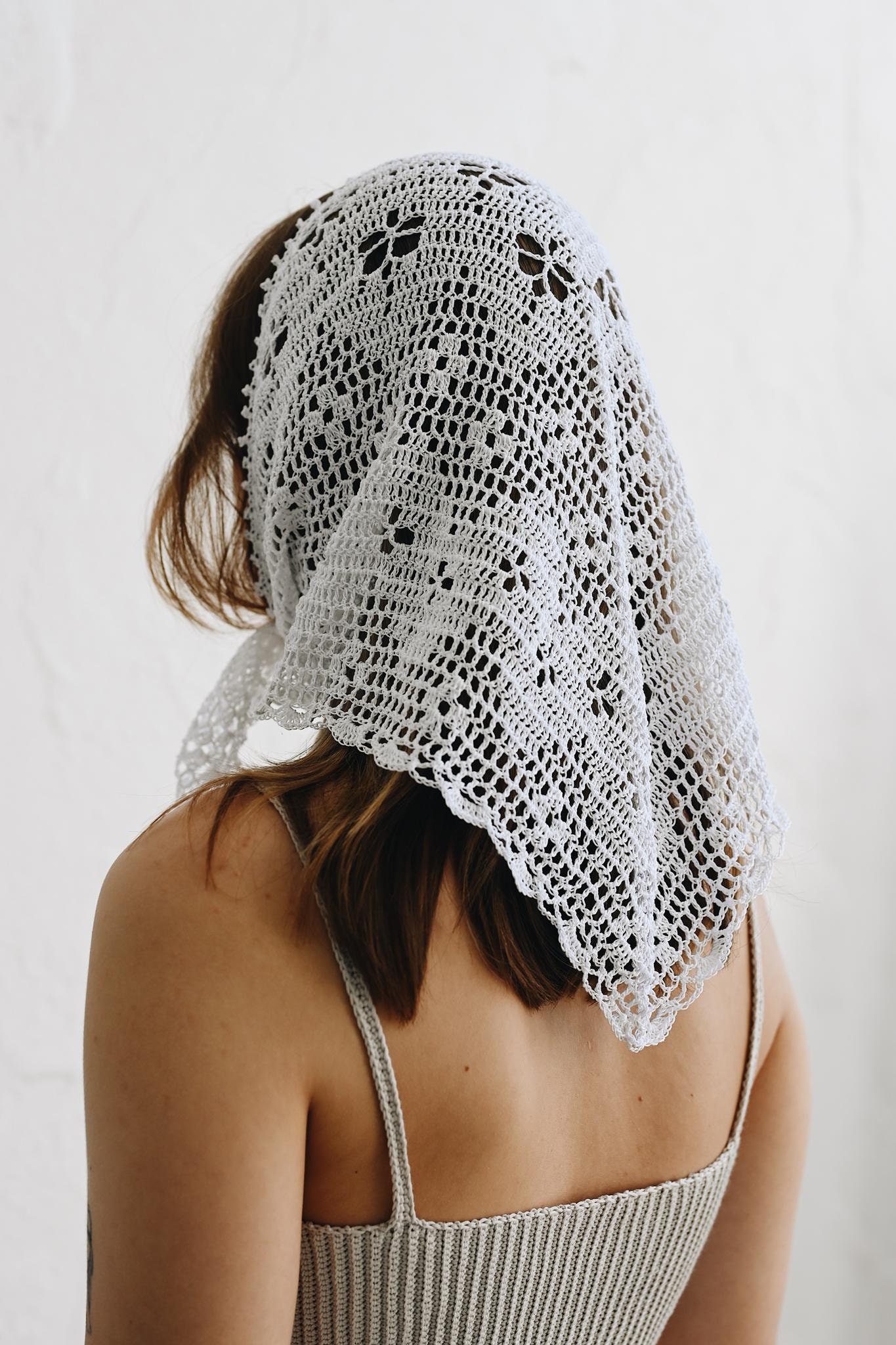Handmade Crochet Cotton Kerchief: White Lace Hair Scarf