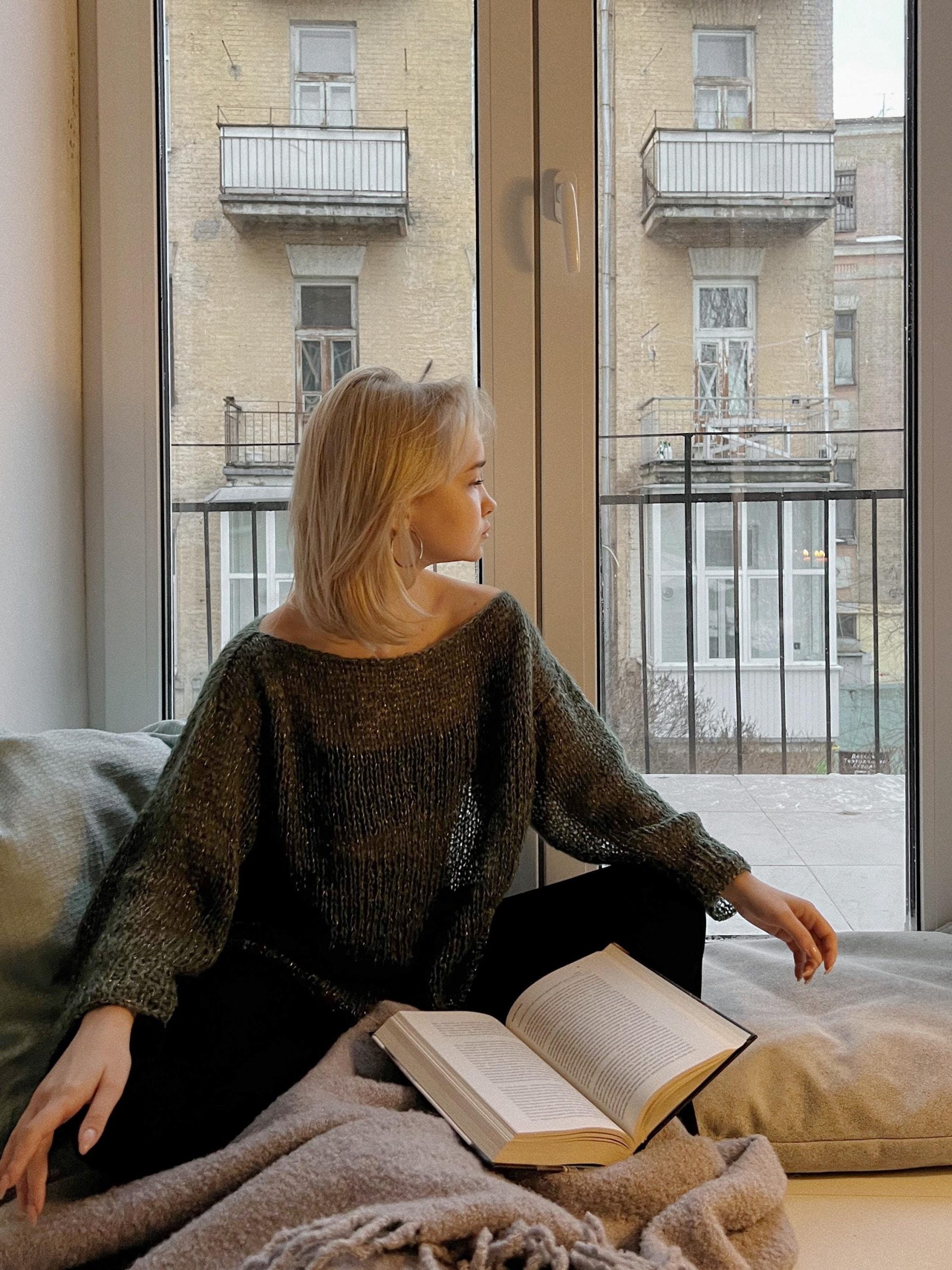 Hand-knitted Olive Mohair Pullover: Lightweight Fuzzy Sweater