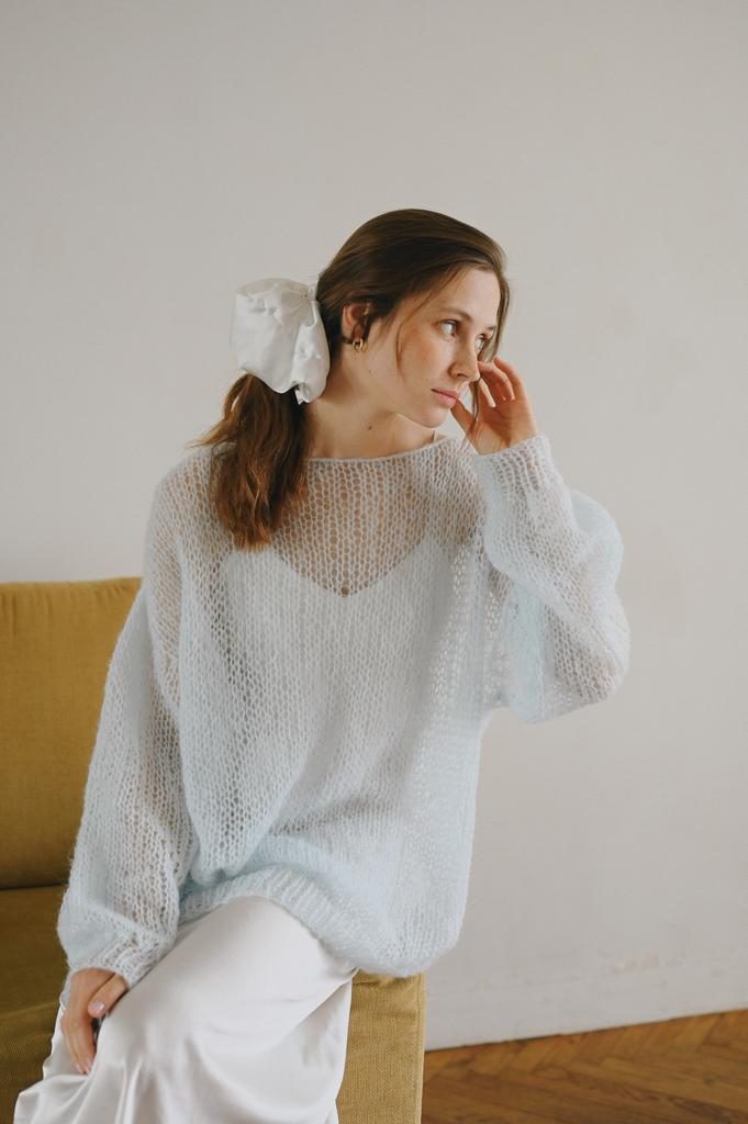 Electric Blue Mohair Knit Sweater: Sheer Boho Pullover
