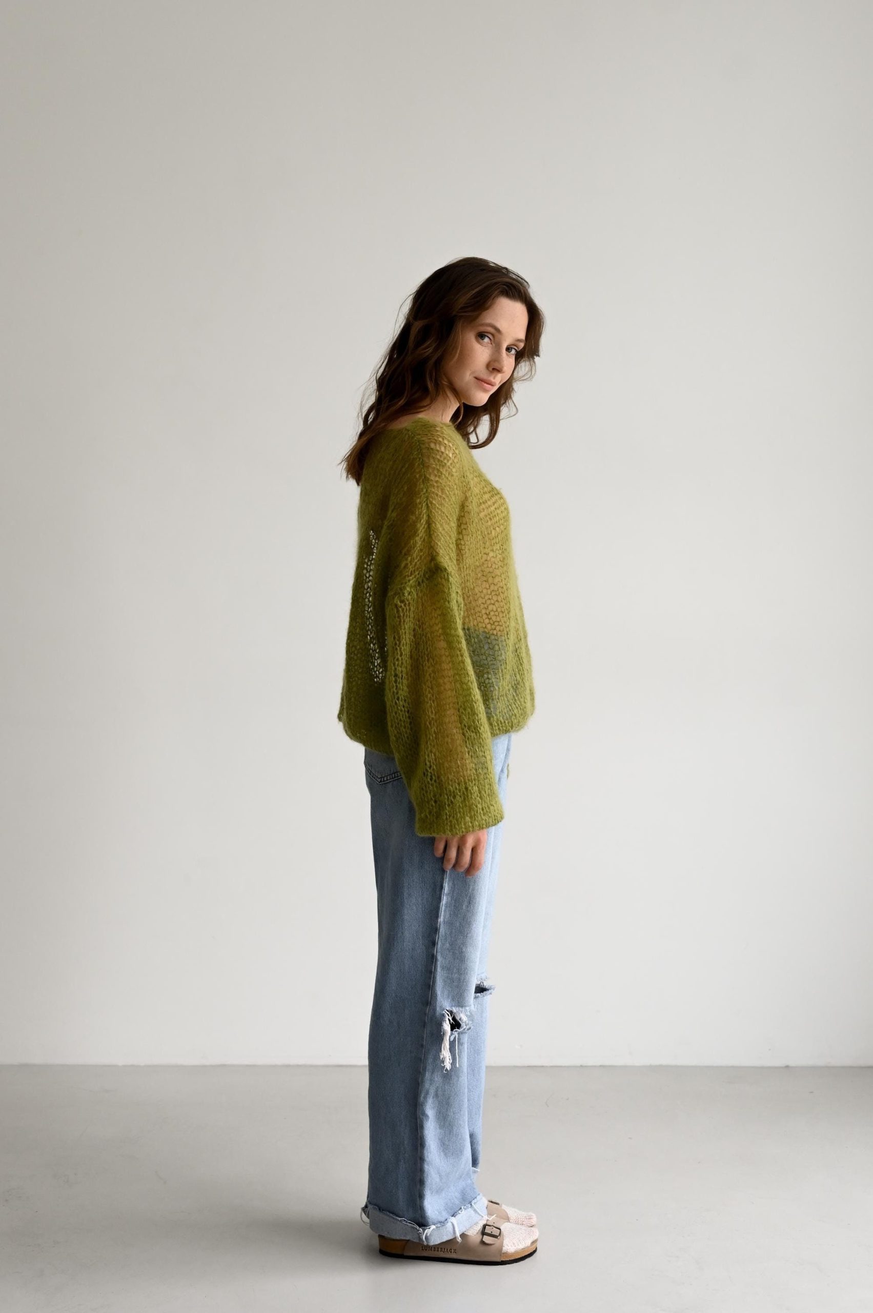 Hand-knitted Olive Mohair Pullover: Lightweight Fuzzy Sweater