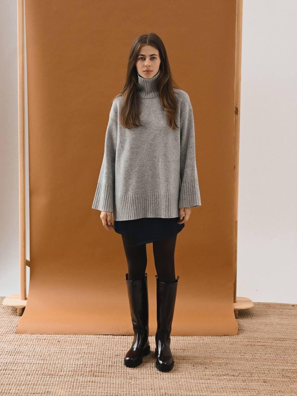 Oversized Turtleneck Sweater Gray & Beige Wool Blend