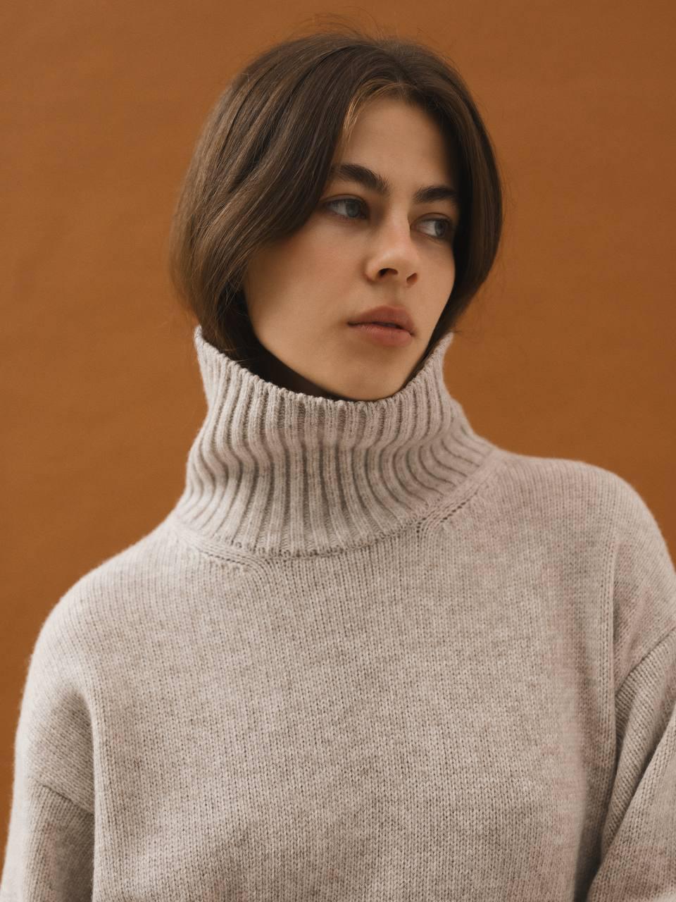 Oversized Turtleneck Sweater Gray & Beige Wool Blend