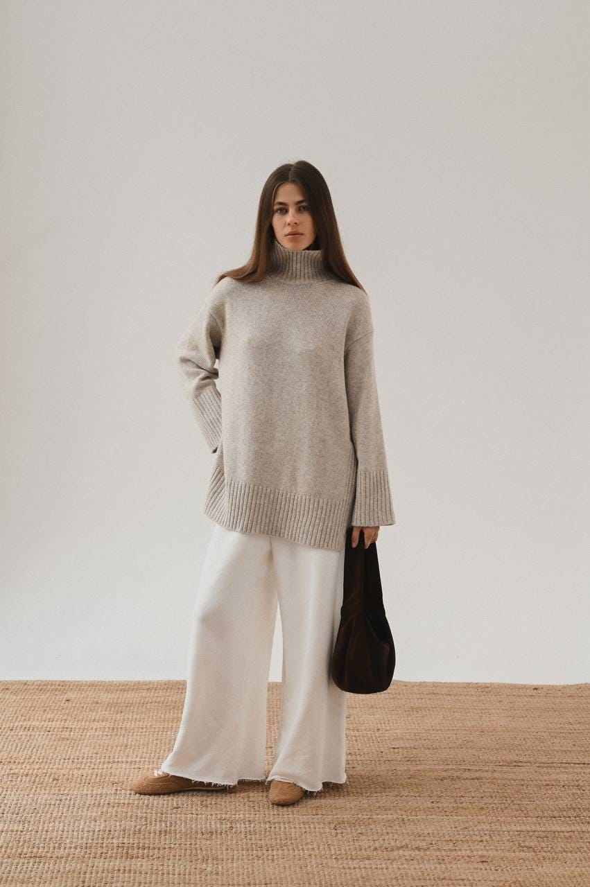 Oversized Turtleneck Sweater Gray & Beige Wool Blend
