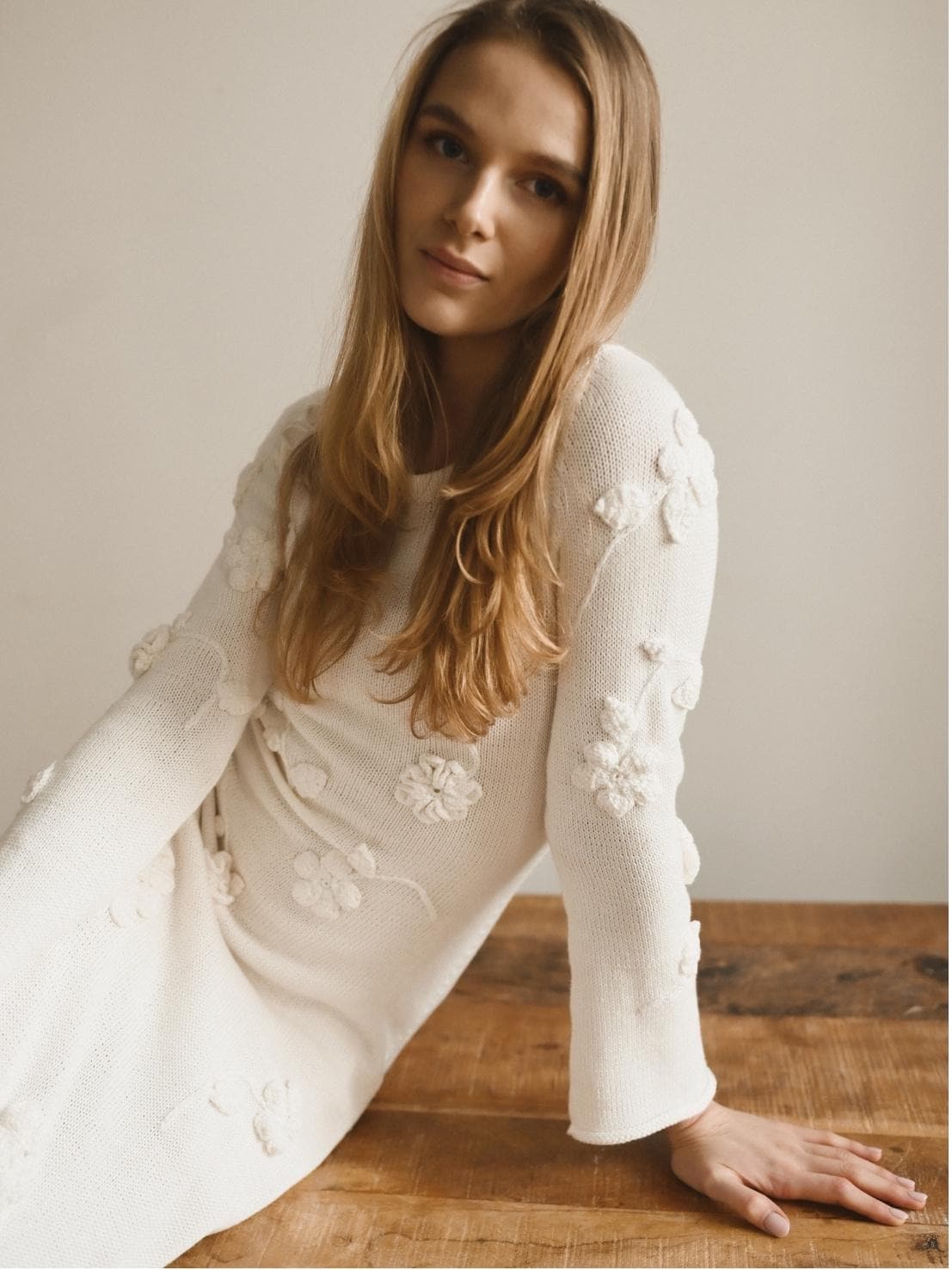 Handmade White Crochet Long Dress With Flowers, Boho Wedding Dress