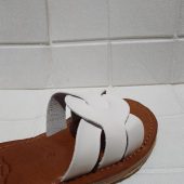 Handmade Moroccan White Leather Sandals For Women – Flat Slip-on Summer Shoes With Interlocking Strap – Artisan Minimalist Brown Sole Slides