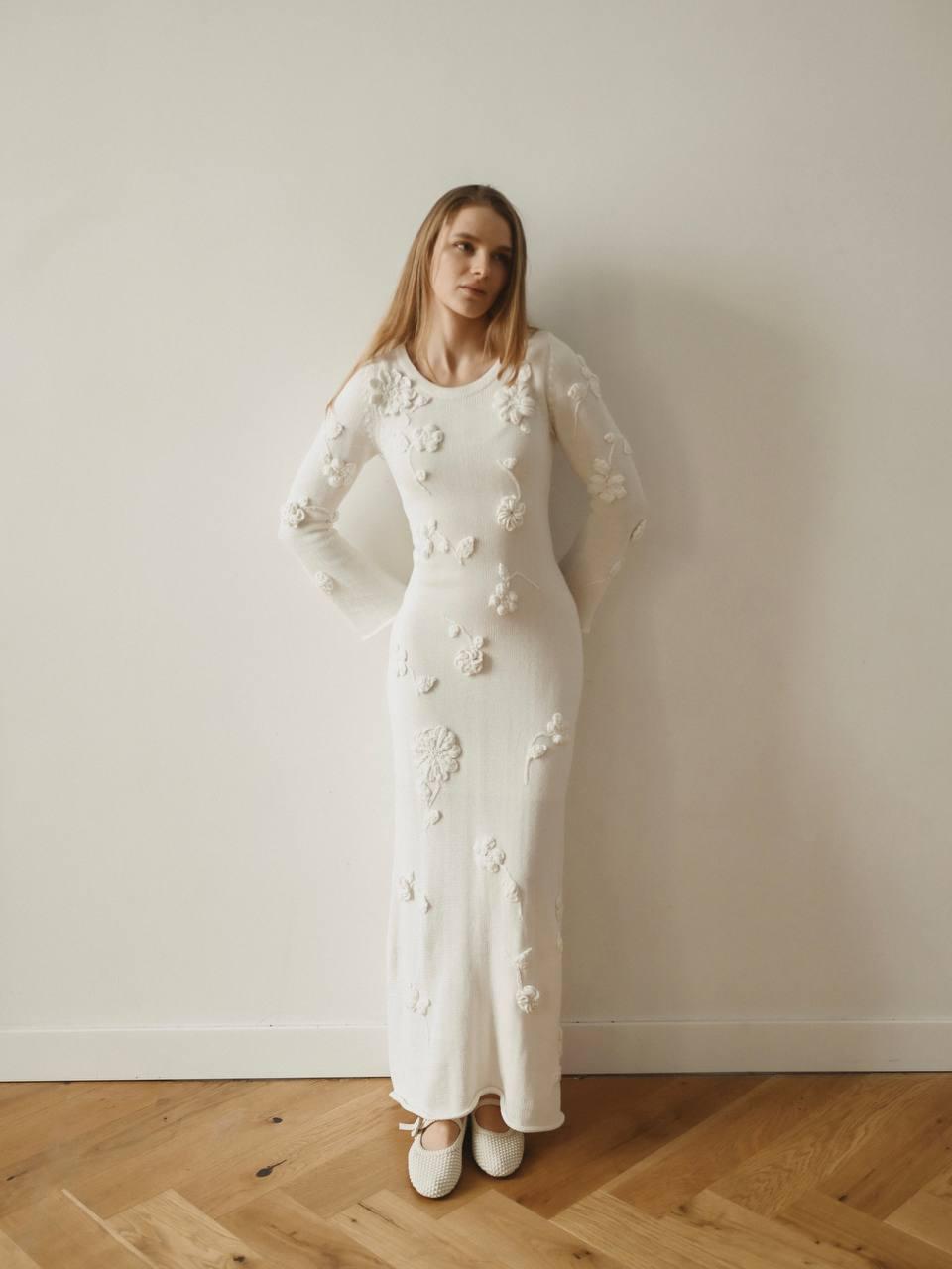 Handmade White Crochet Long Dress With Flowers, Boho Wedding Dress