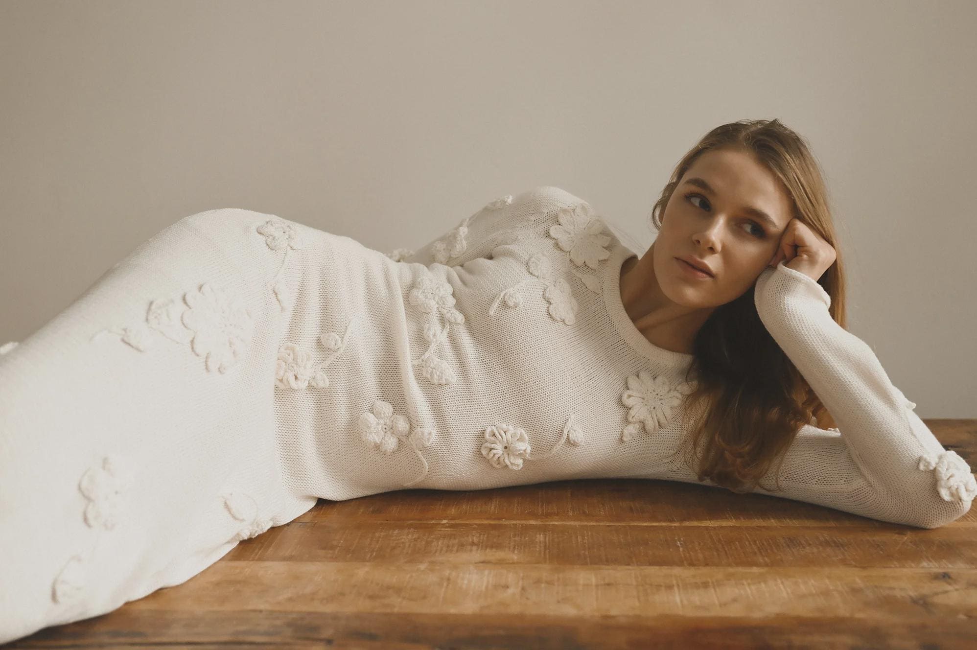 Handmade White Crochet Long Dress With Flowers, Boho Wedding Dress