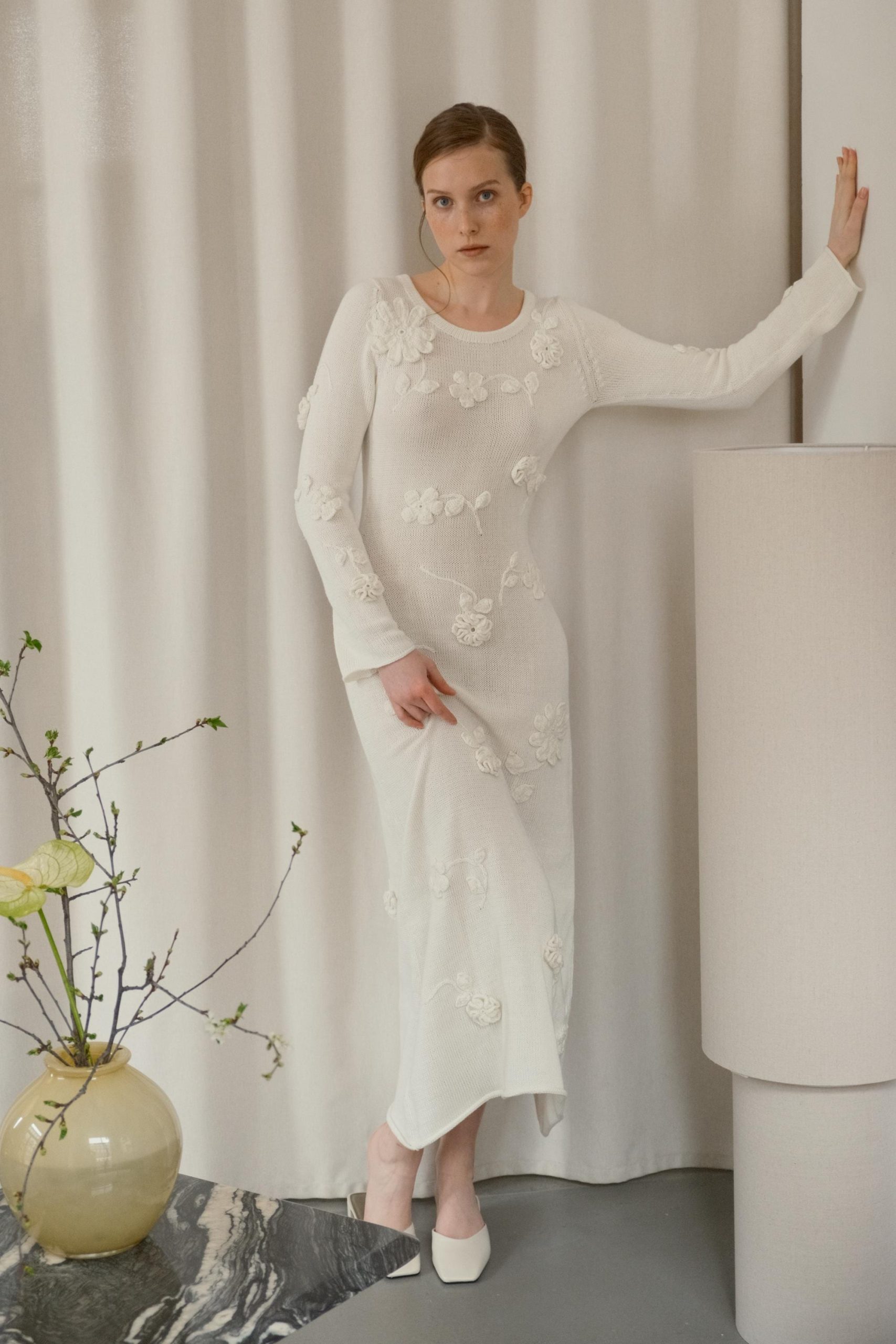 Handmade White Crochet Long Dress With Flowers, Boho Wedding Dress