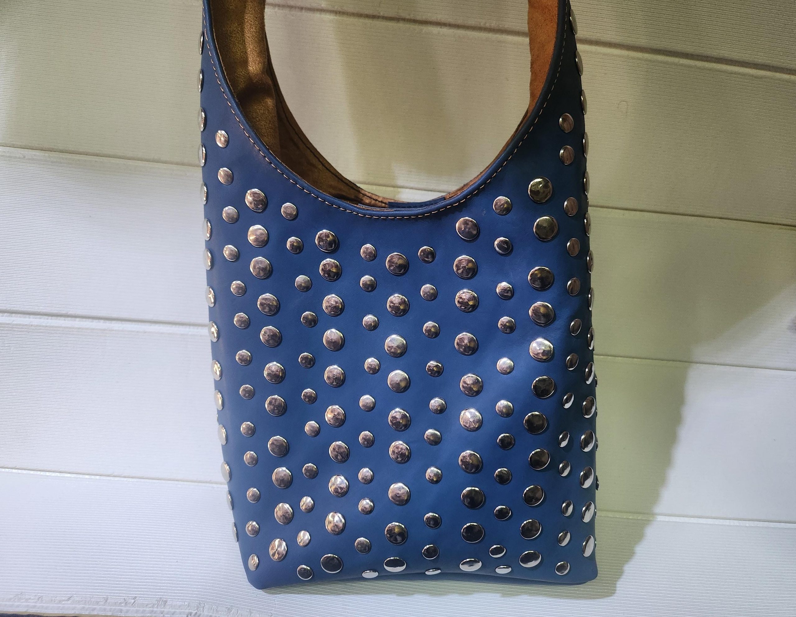 Moroccan Blue Leather Tote Bag – Handmade Studded Shoulder Purse – Boho Chic Bag With Silver Accents – Soft Interior – Large & Small Sizes