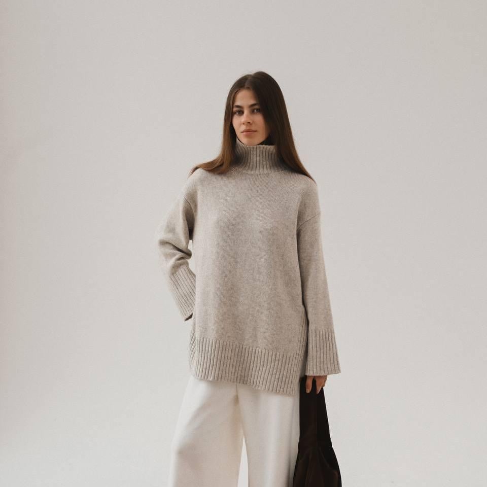 Oversized Turtleneck Sweater Gray & Beige Wool Blend