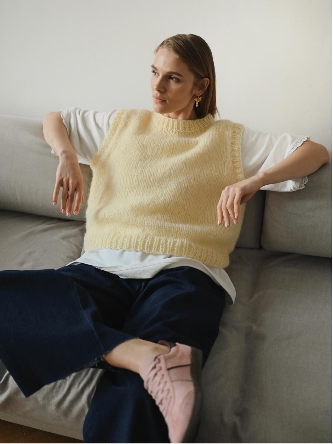 Hand-knitted Mohair Yellow Vest: Women's Cozy Knitwear