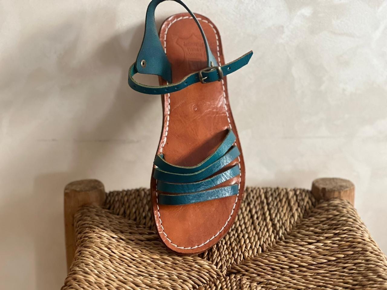 Handmade Moroccan Blue Leather Sandals Women Flat Strappy Summer Shoes