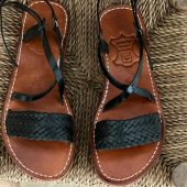 Black Braided Moroccan Leather Sandals – Handmade Flat Straps – Custom Fit
