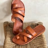 Handmade Moroccan Brown Leather Sandals – Toe Loop Cross Strap Slides Women